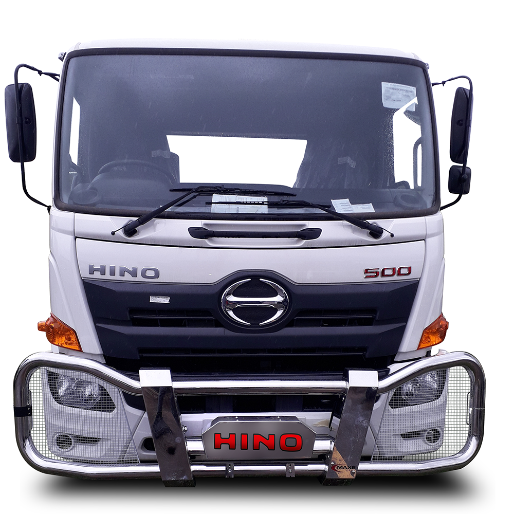 Hino truck front view with MAXE stainless steel truck bar