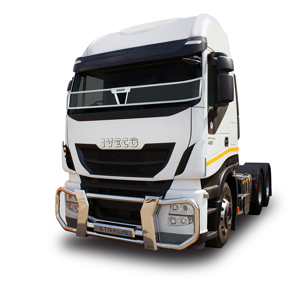 Iveco Stralis 480/500 truck fitted with MAXE stainless steel truck bar and screenguard