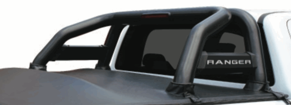 Ford Ranger Next Gen black stainless steel sports bar with integrated LED brake light.