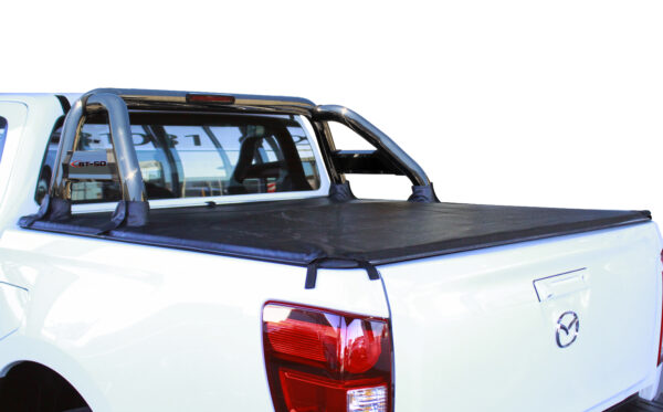 Polished stainless steel sports bar with LED brake light and side tubes fitted to Mazda BT-50