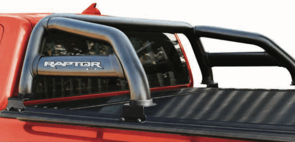 Ford Ranger Next Gen Raptor black stainless steel RollaTop compatible sports bar fitted to double cab.