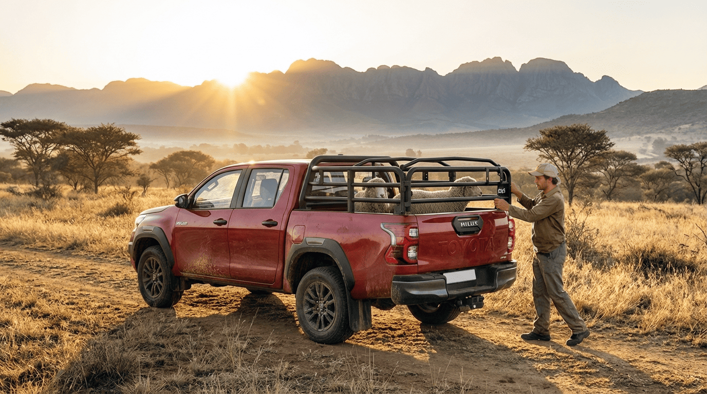 New Gen Toyota Hilux 2026 cattle rail accessory carrying livestock in a South African farming environment, showcasing durable load bin protection and commercial utility.