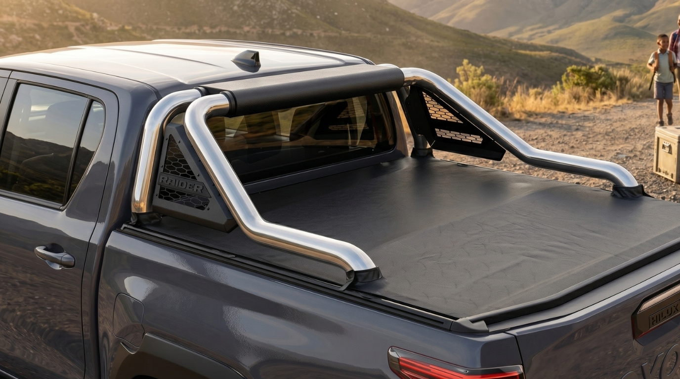 New Gen Toyota Hilux 2026 fitted with a MAXE OEM-approved styling bar and tonneau cover, showcasing premium load bin styling and integrated fitment for the Raider range.