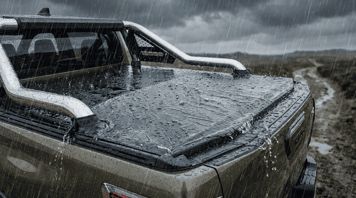 New Gen Toyota Hilux 2026 tonneau cover with sports bar in heavy rain, showcasing water resistance and durable load bin protection for South African driving conditions.