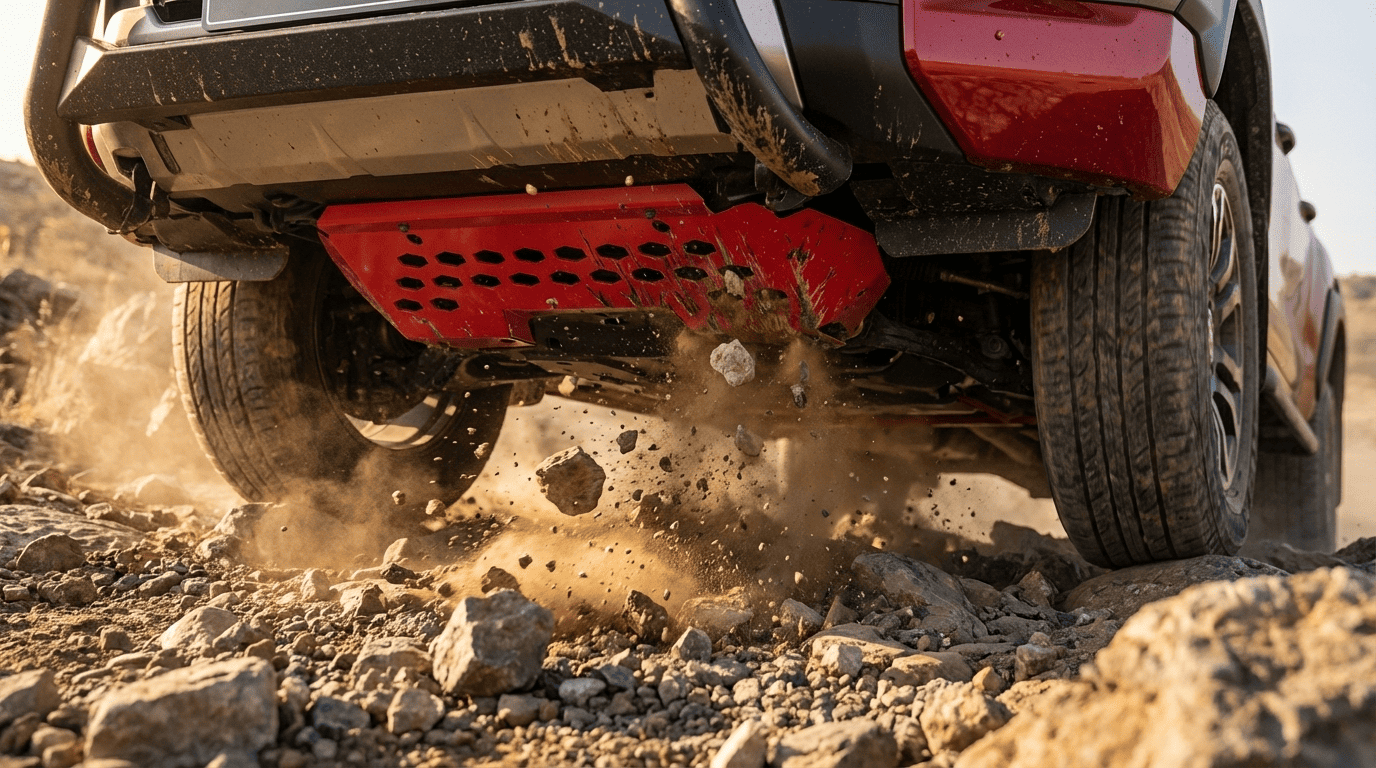 New Gen Toyota Hilux 2026 under guard protection system on rocky off-road terrain, showcasing durable underbody protection for South African driving conditions.
