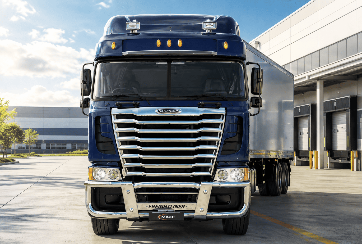 Freightliner truck fitted with MAXE stainless steel truck bar at a modern logistics facility