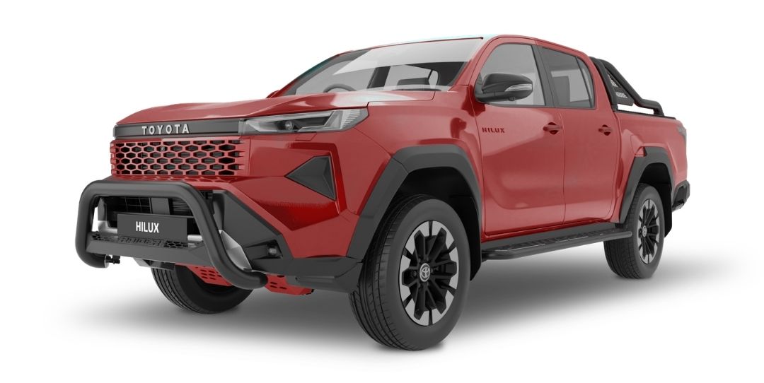 New Gen Toyota Hilux 2026 with MAXE nudge bar, styling bar and side steps, showcasing OEM-approved accessories and front-end protection for South African driving conditions.
