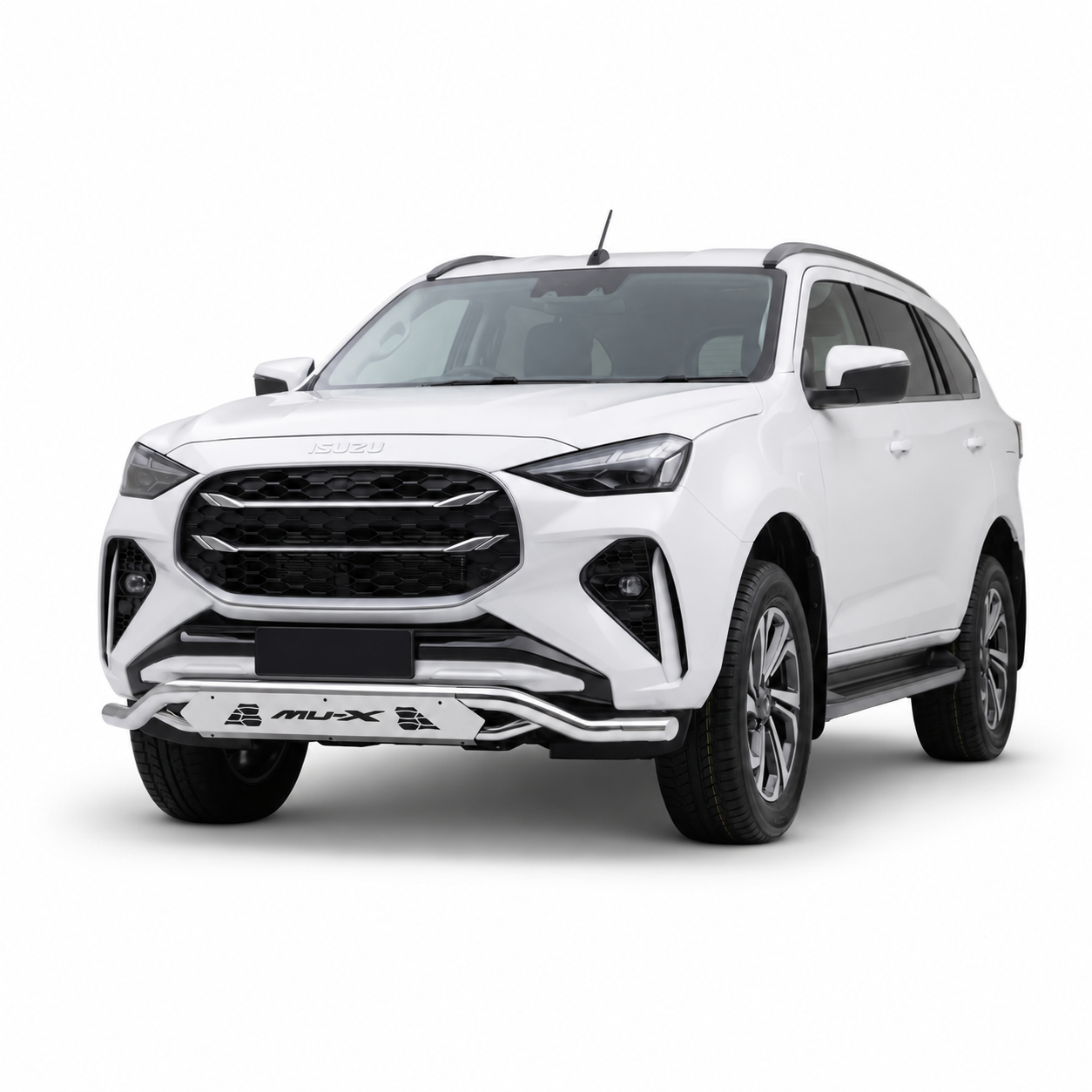 White Isuzu MU-X SUV fitted with a polished stainless steel front nudge bar and side steps, shown on a white background.